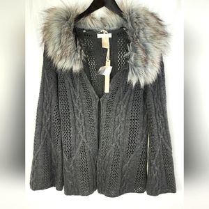 NWT Kenar women's gray sweater cardigan with removable faux fur collar size L